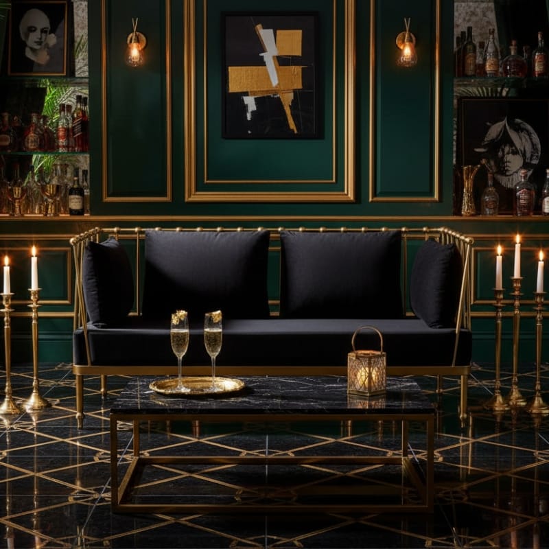 Sofa Novo Two-Seat Sofa – Black Velvet & Gold Steel
