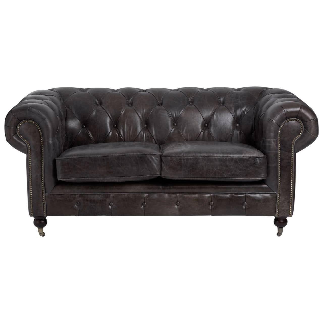 Sofa Victor Two-Seat Chesterfield Sofa – Grey-Brown Leather & Walnut