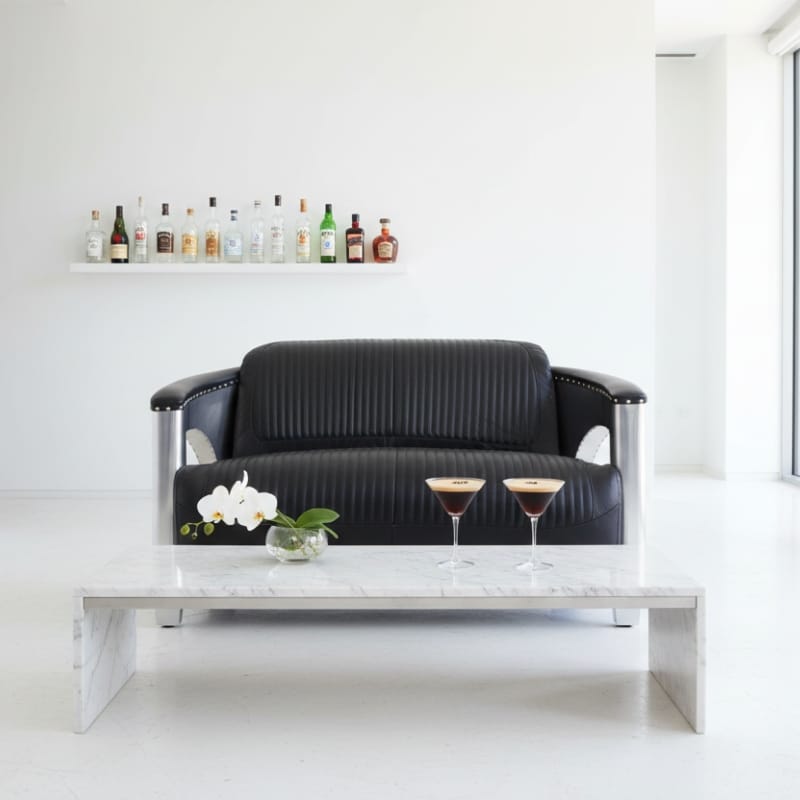 Sofa Victor Two-Seat Sofa – Black Leather & Polished Aluminium