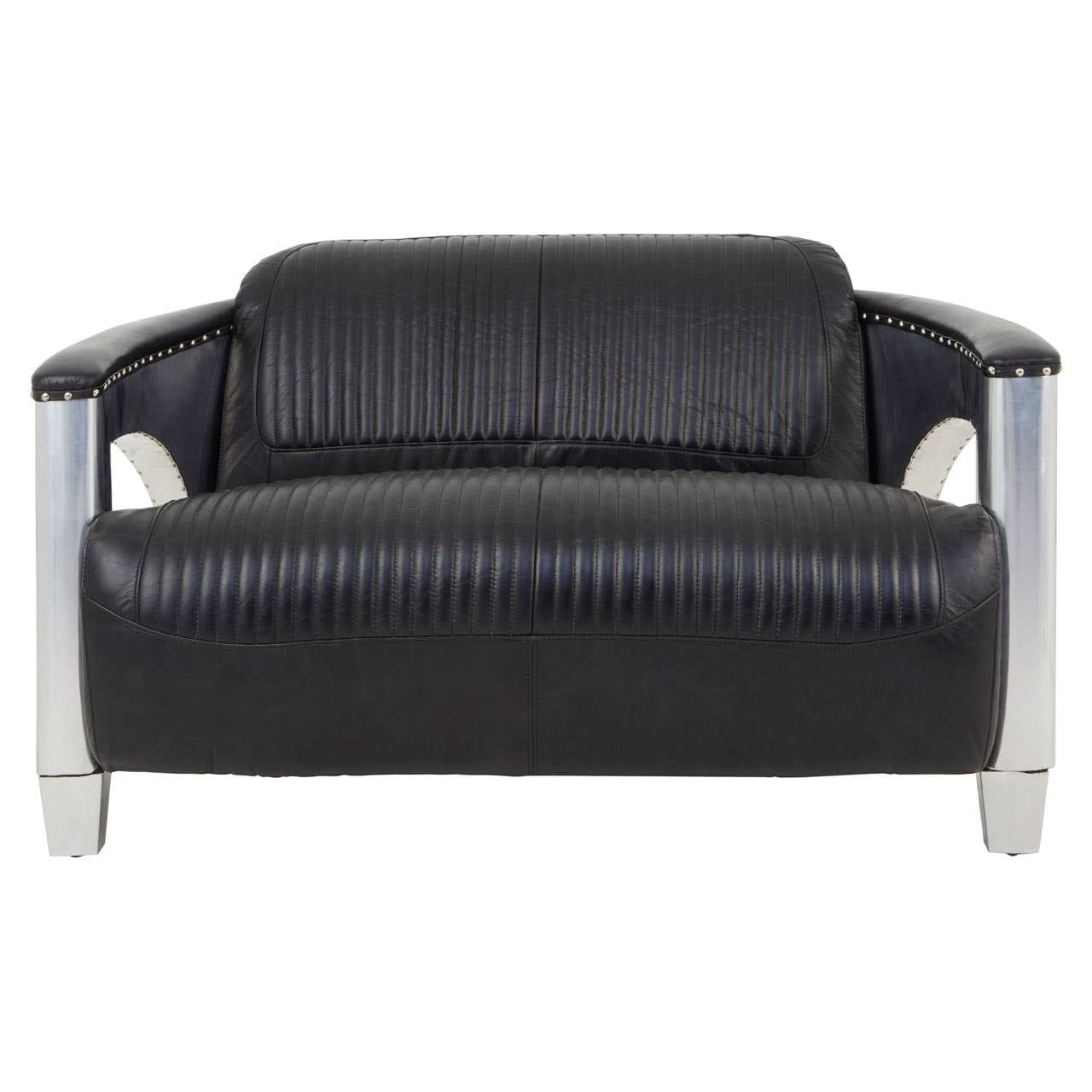 Sofa Victor Two-Seat Sofa – Black Leather & Polished Aluminium