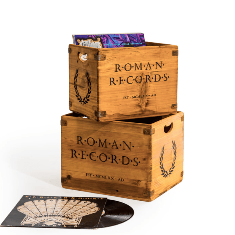 Storage Boxes Set of 2 Antiqued Wooden "Roman Records" LP Record Storage Boxes