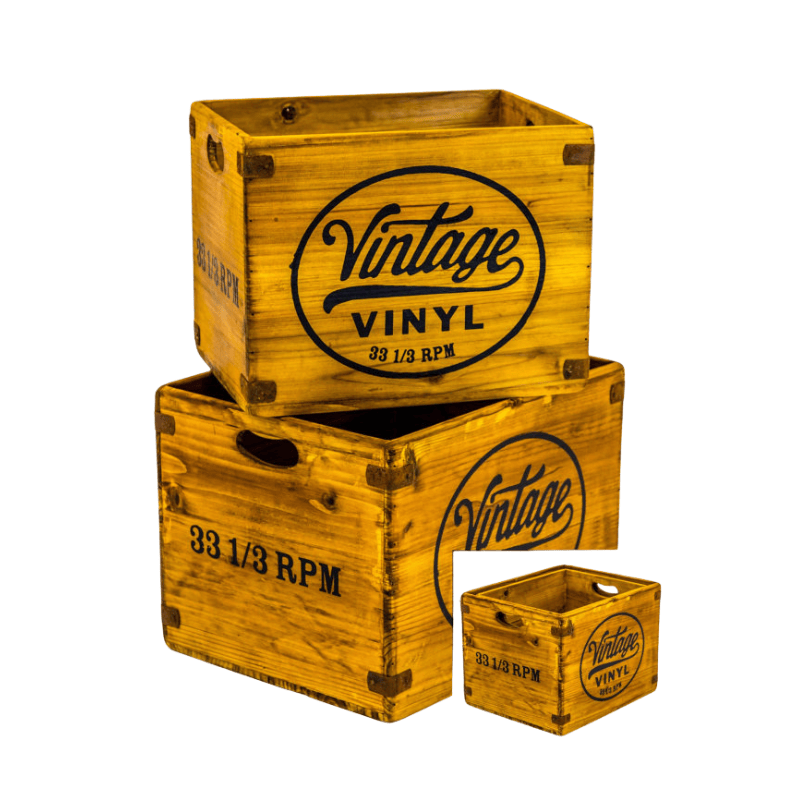Storage Boxes Set of 2 Antiqued Wooden "Vintage Vinyl" LP Record Storage Boxes