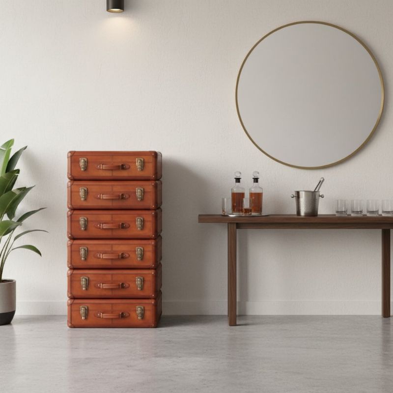 Storage Cabinet Handcrafted 6 Drawer Tall Boy – Cognac