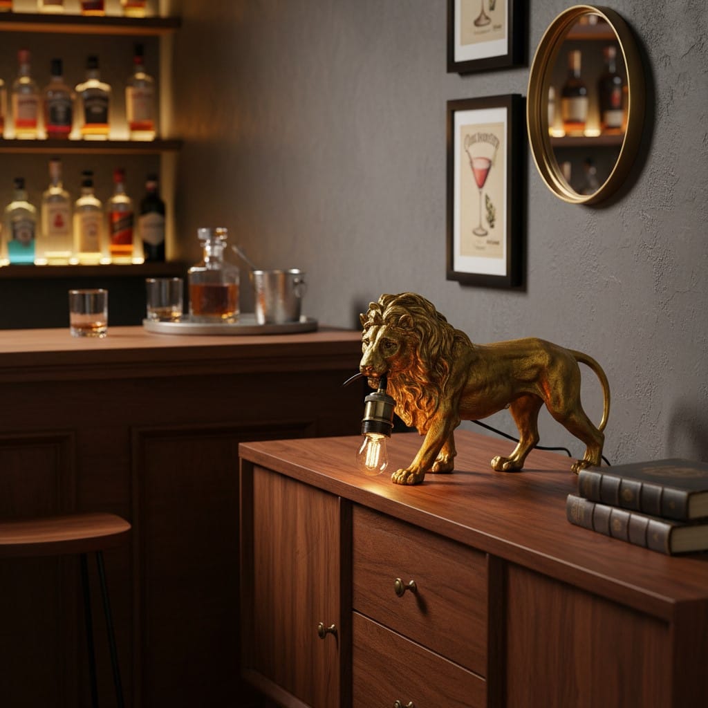 Table Lamp Antique Gold Prowling Lion Table Lamp