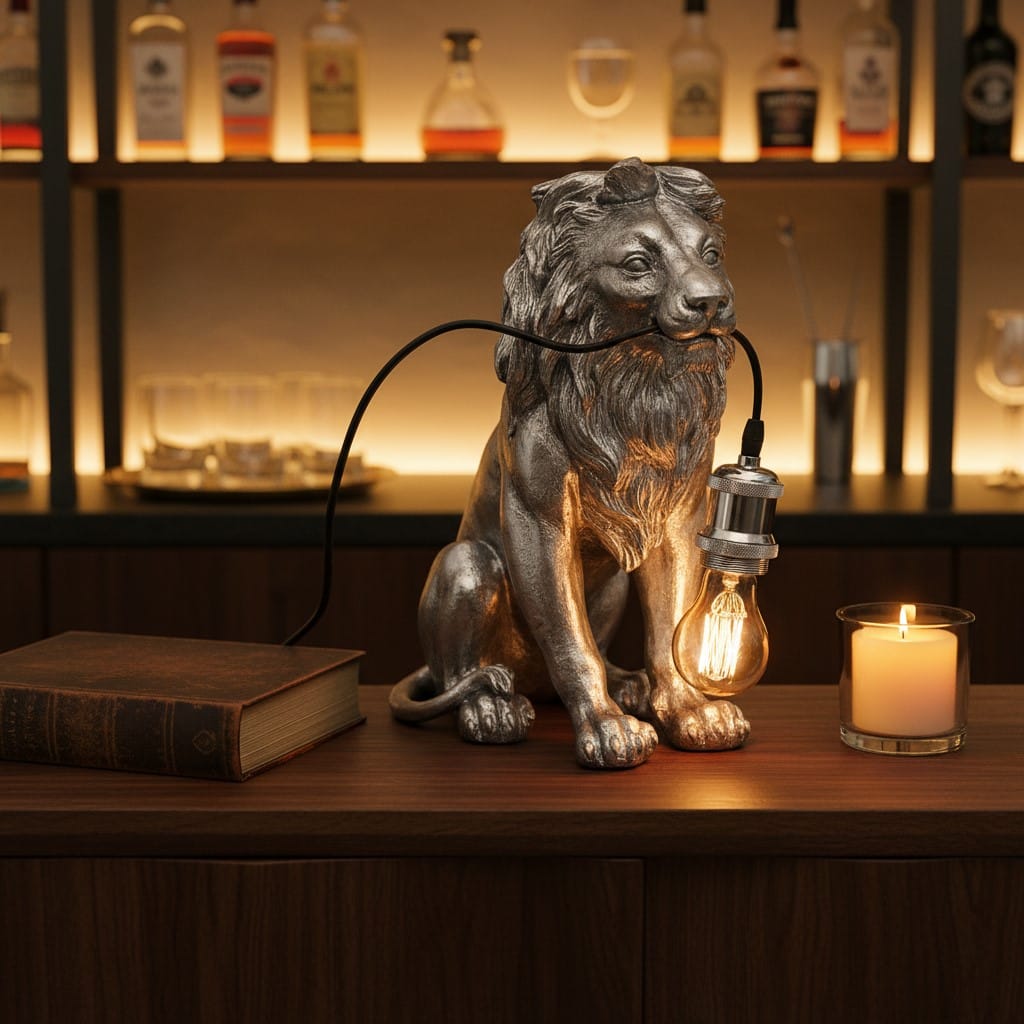 Table Lamp Antique Silver Sitting Lion Table Lamp