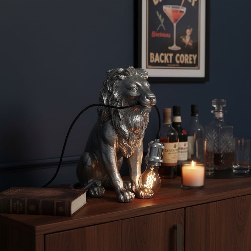 Table Lamp Antique Silver Sitting Lion Table Lamp
