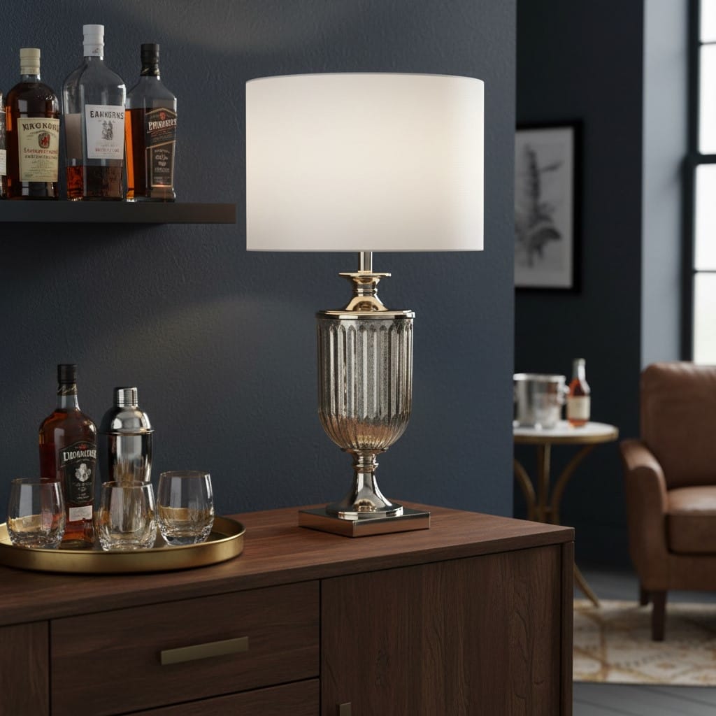 Table Lamp Antiqued Glass Urn Lamp with Silver Velvet Cylinder Shade