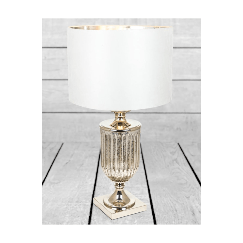 Table Lamp Antiqued Glass Urn Lamp with Silver Velvet Cylinder Shade