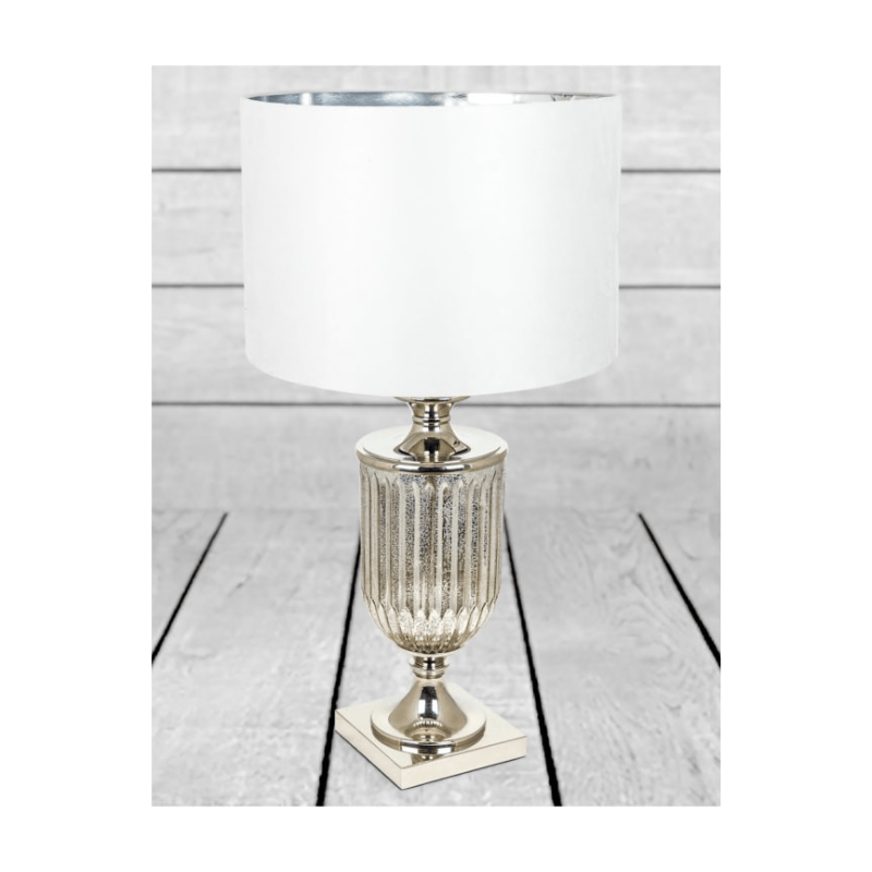 Table Lamp Antiqued Glass Urn Lamp with Silver Velvet Cylinder Shade