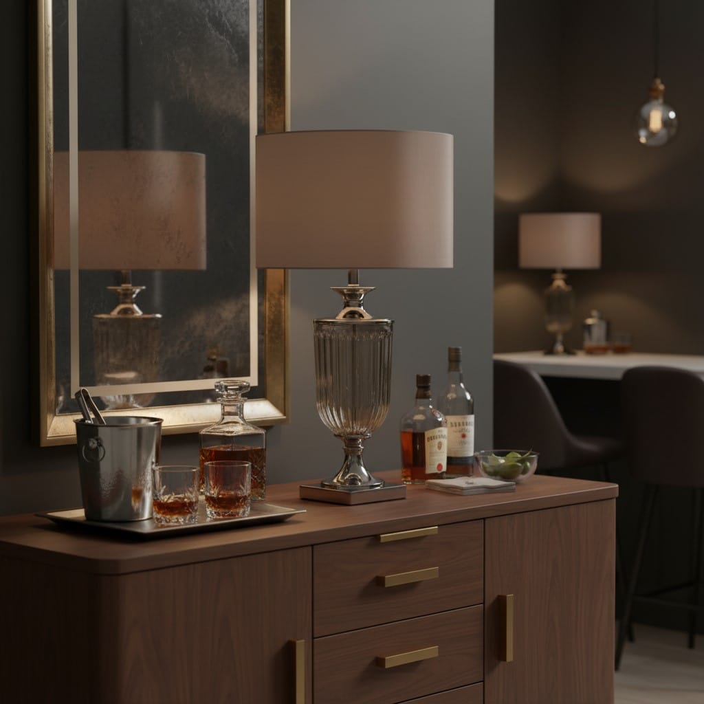 Table Lamp Antiqued Glass Urn Lamp with Taupe Cylinder Shade