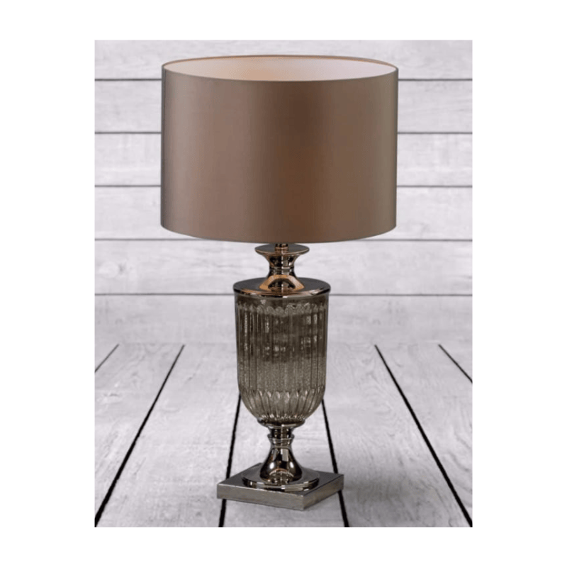 Table Lamp Antiqued Glass Urn Lamp with Taupe Cylinder Shade