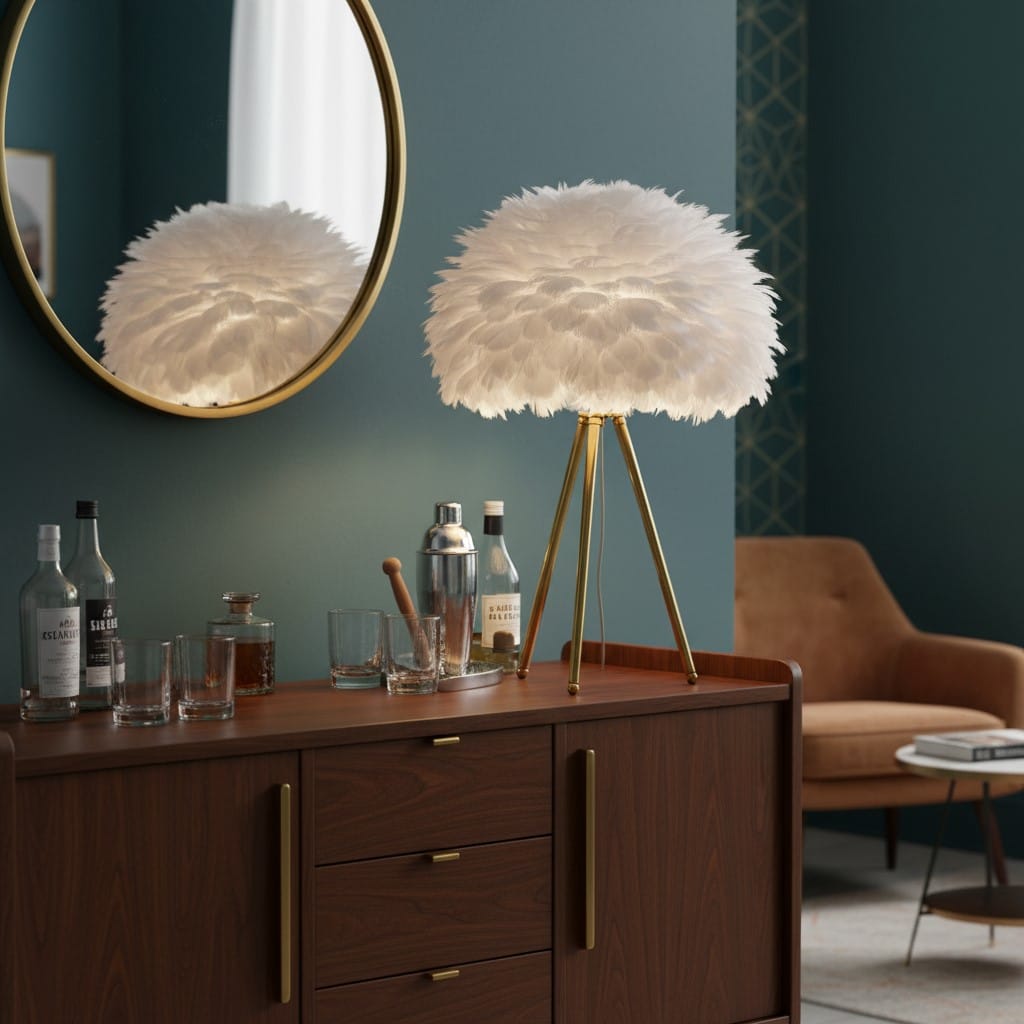 Table Lamp Brushed Brass Tripod Table Lamp with White Feather Shade
