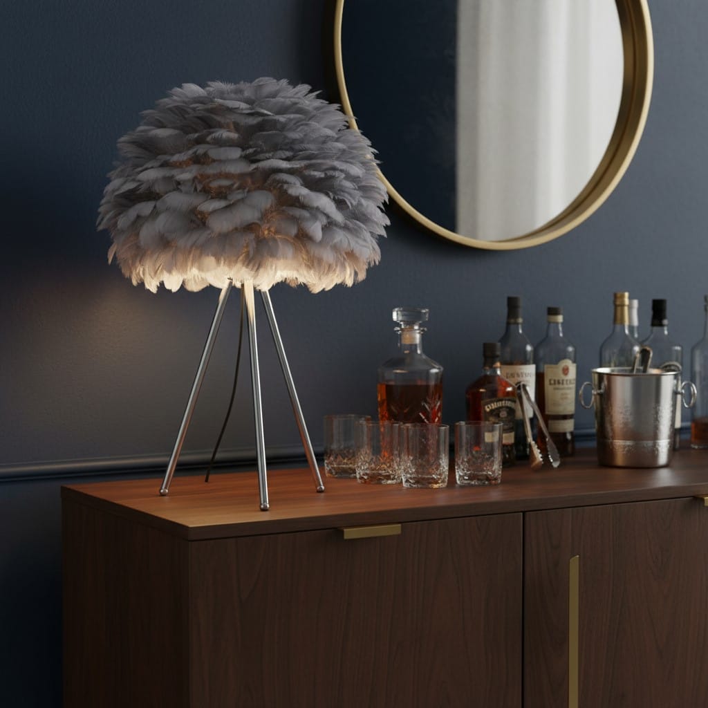 Table Lamp Chrome Tripod Table Lamp with Grey Feather Shade