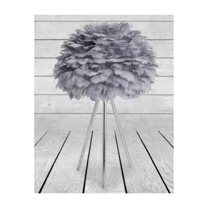 Table Lamp Chrome Tripod Table Lamp with Grey Feather Shade