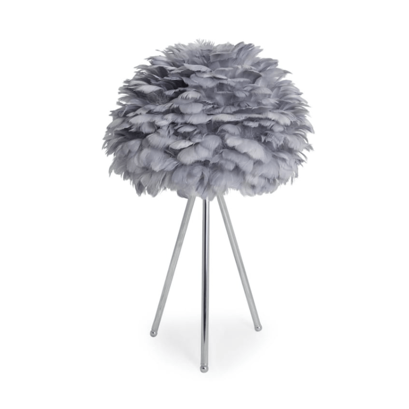 Table Lamp Chrome Tripod Table Lamp with Grey Feather Shade