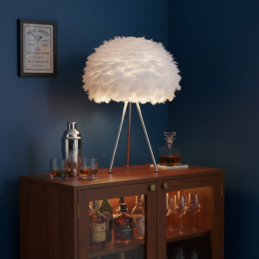 Table Lamp Chrome Tripod Table Lamp with White Feather Shade