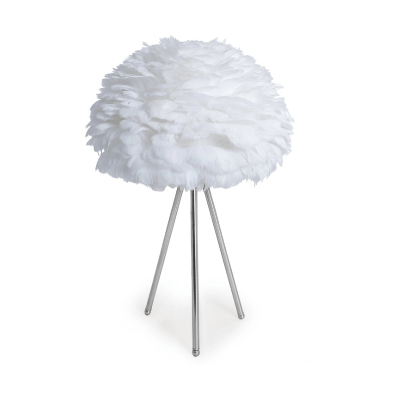 Table Lamp Chrome Tripod Table Lamp with White Feather Shade
