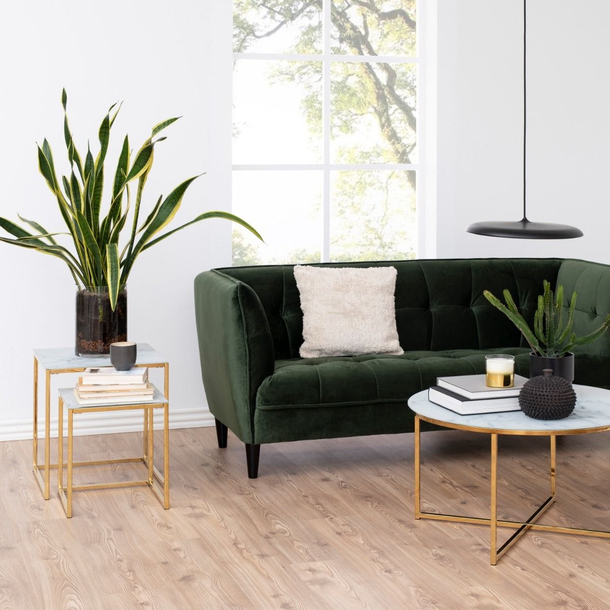 Tables Alisma Nest of Tables with White Crystal Clear Marble Glass Top & Gold Legs