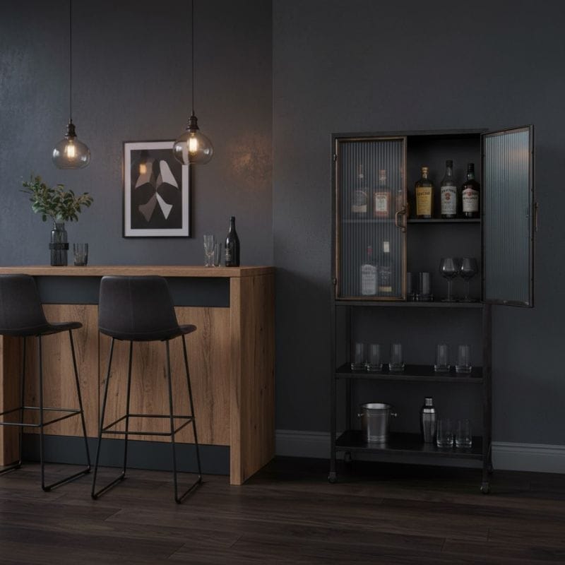 Tall Cabinet Black and Antique Gold "Orwell" Tall Cabinet with Shelves