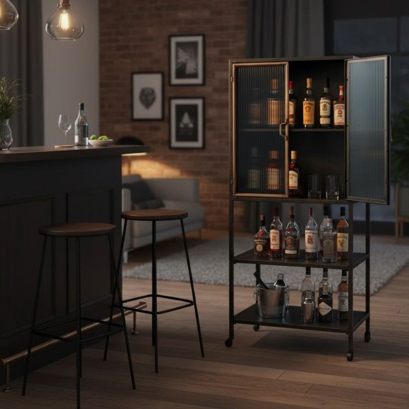 Tall Cabinet Black and Antique Gold "Orwell" Tall Cabinet with Shelves