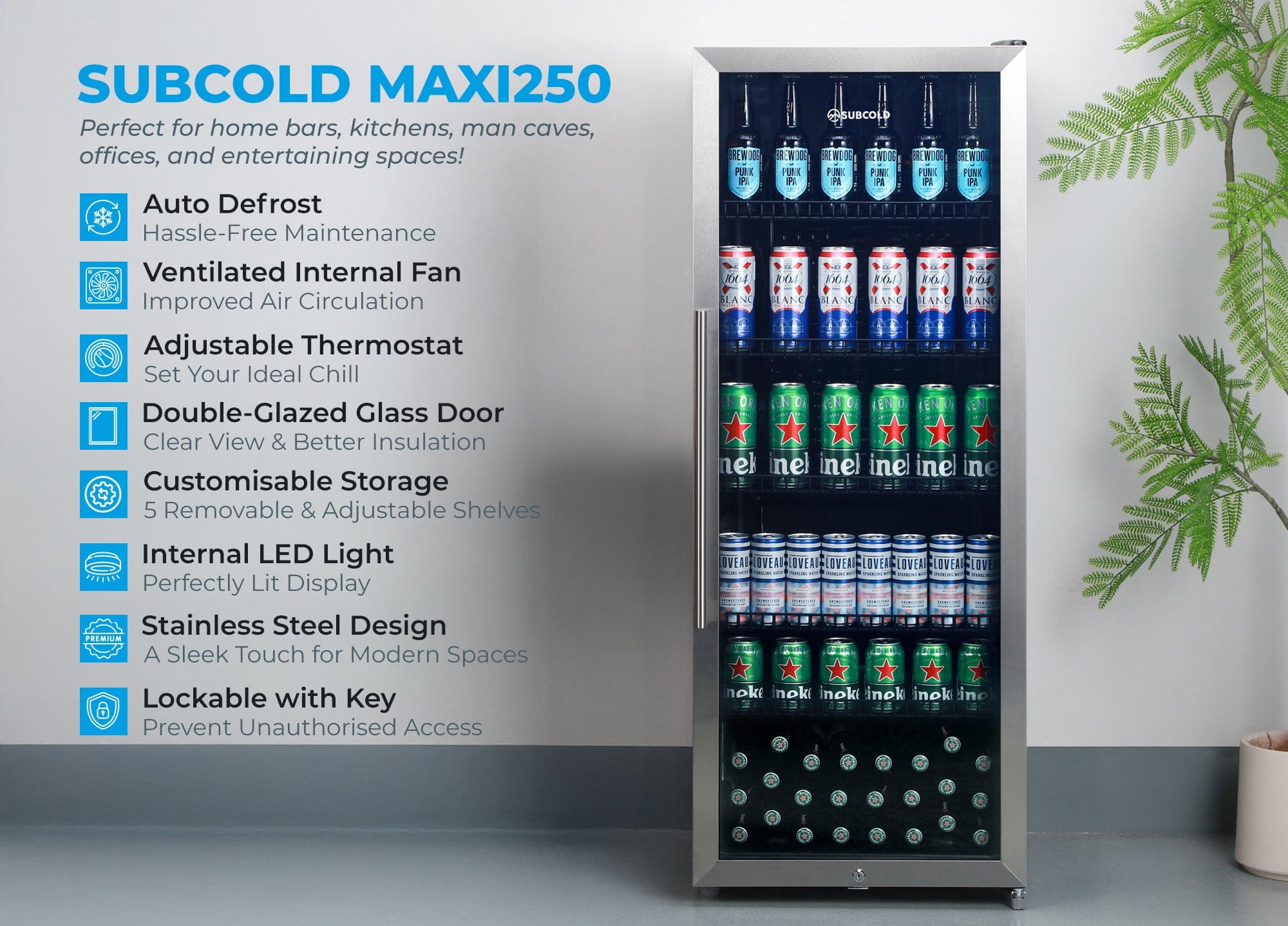 Tall Drinks Fridge Subcold Maxi250 Tall Drinks Fridge Stainless Steel