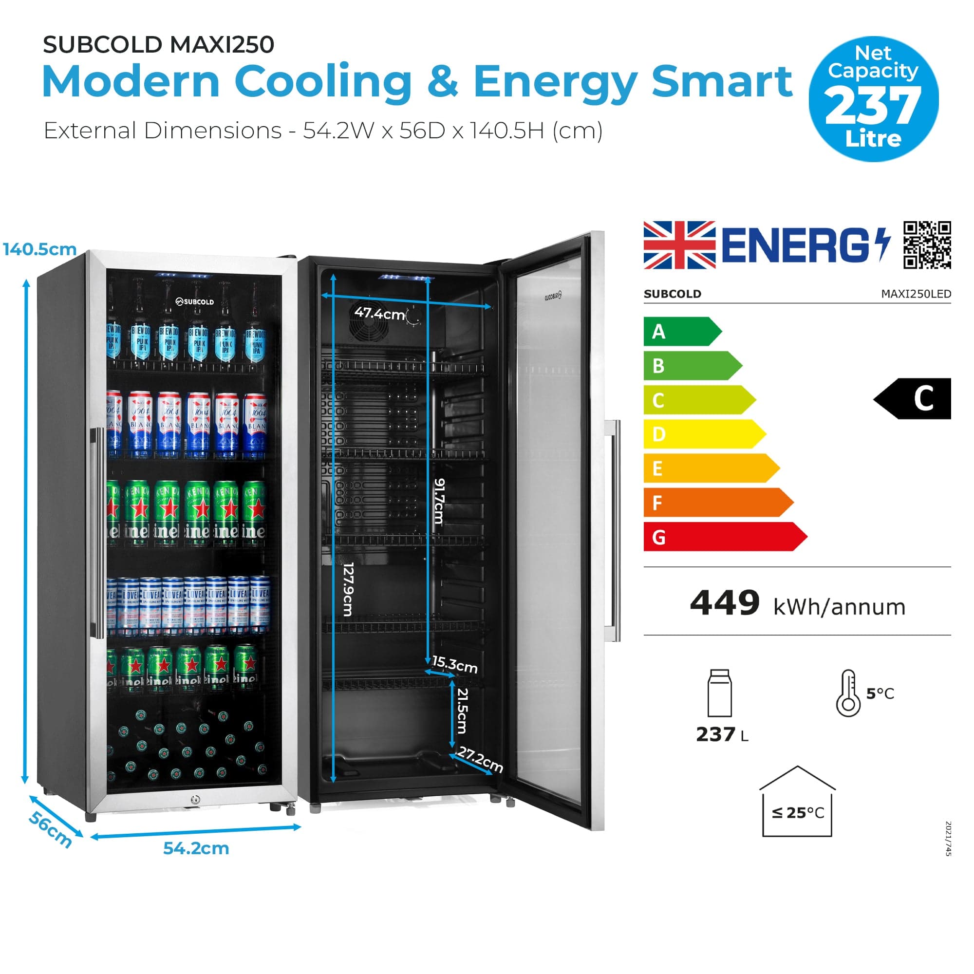 Tall Drinks Fridge Subcold Maxi250 Tall Drinks Fridge Stainless Steel