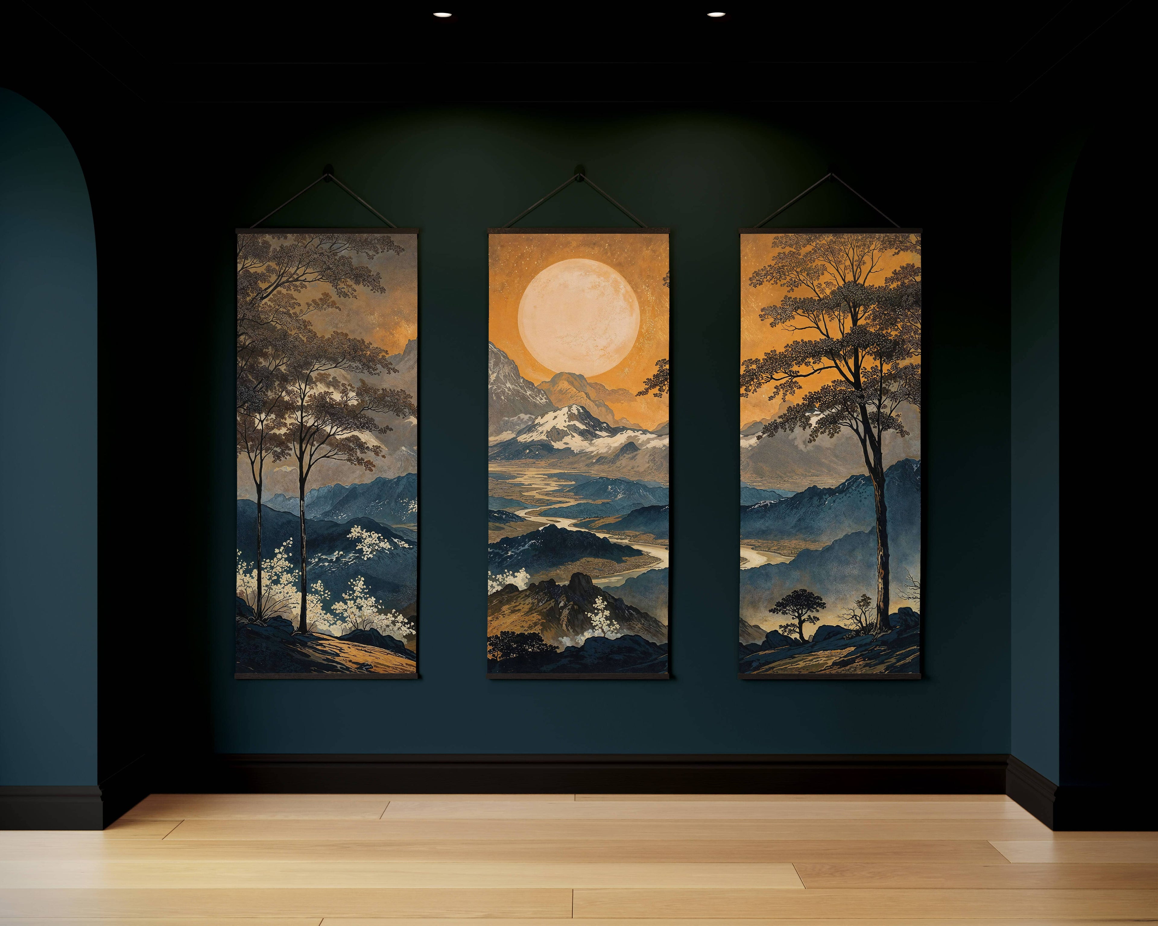 Tapestry Black / Set of 3 Dark Oriental Landscape Tapestry