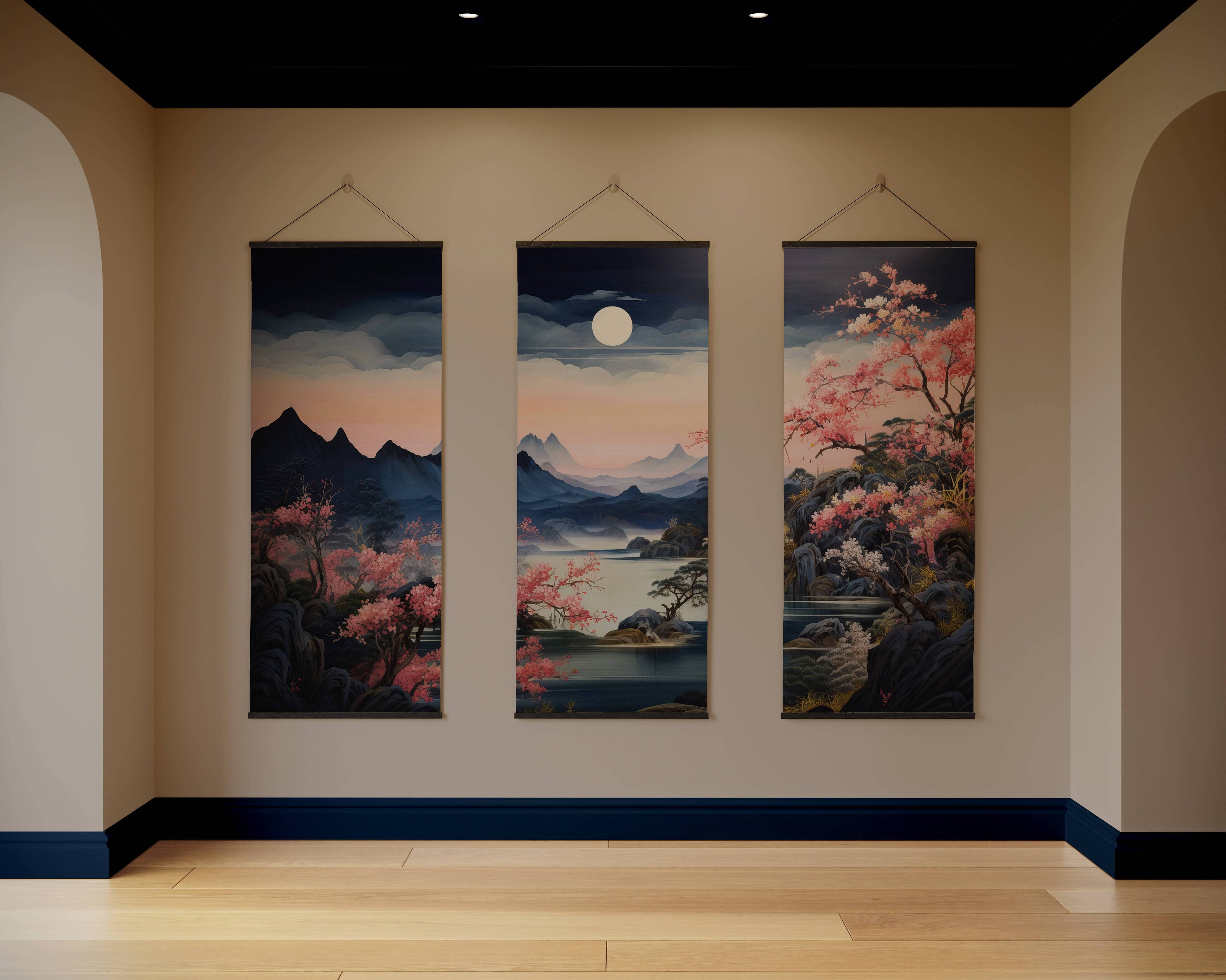 Tapestry Black / Set of 3 Moonlight Night Cherry Blossom Tapestry