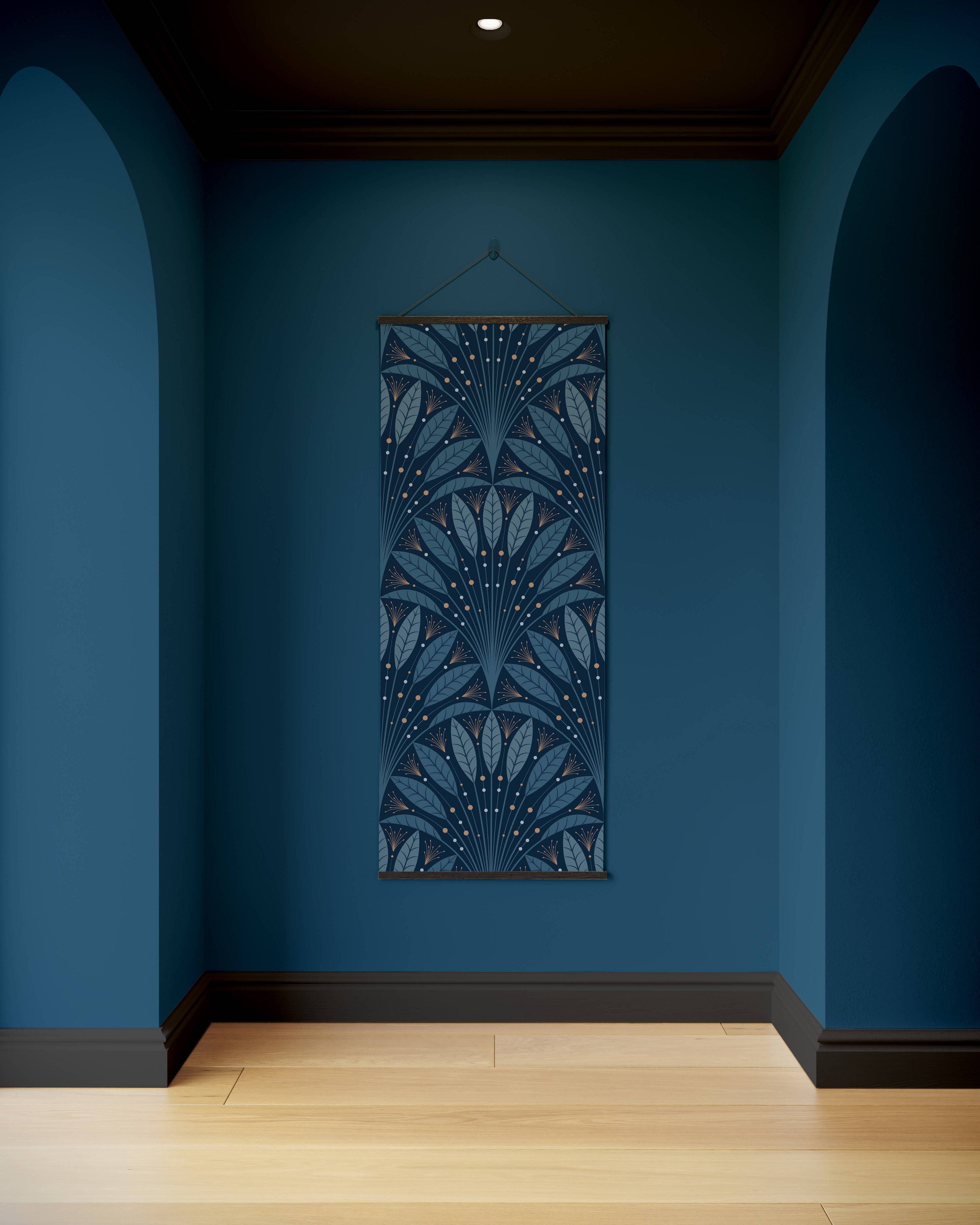 Tapestry Blue / Black Art Deco Leaf Fan Tapestry