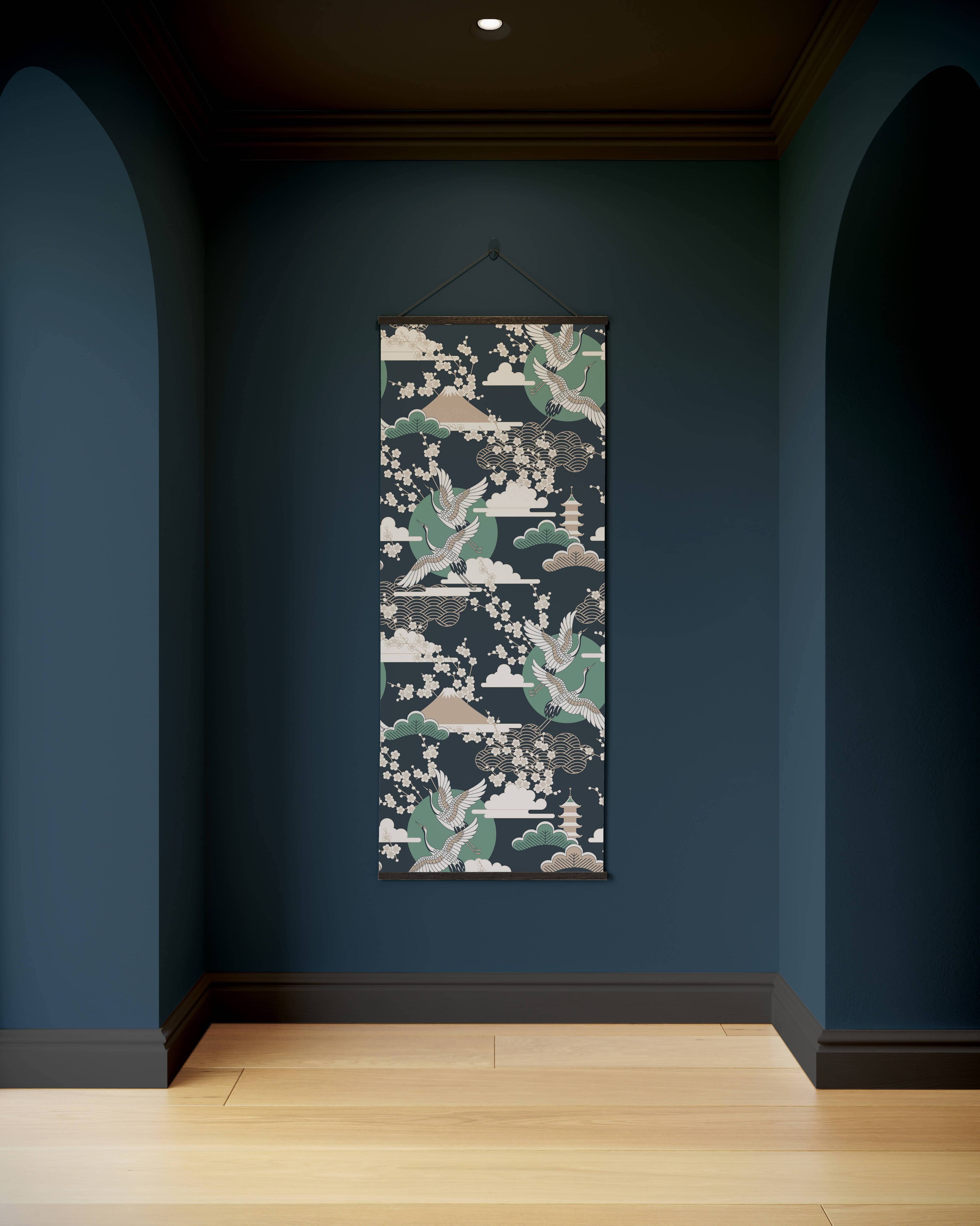 Tapestry Blue / Black Crane and Cherry Blossom Tapestry
