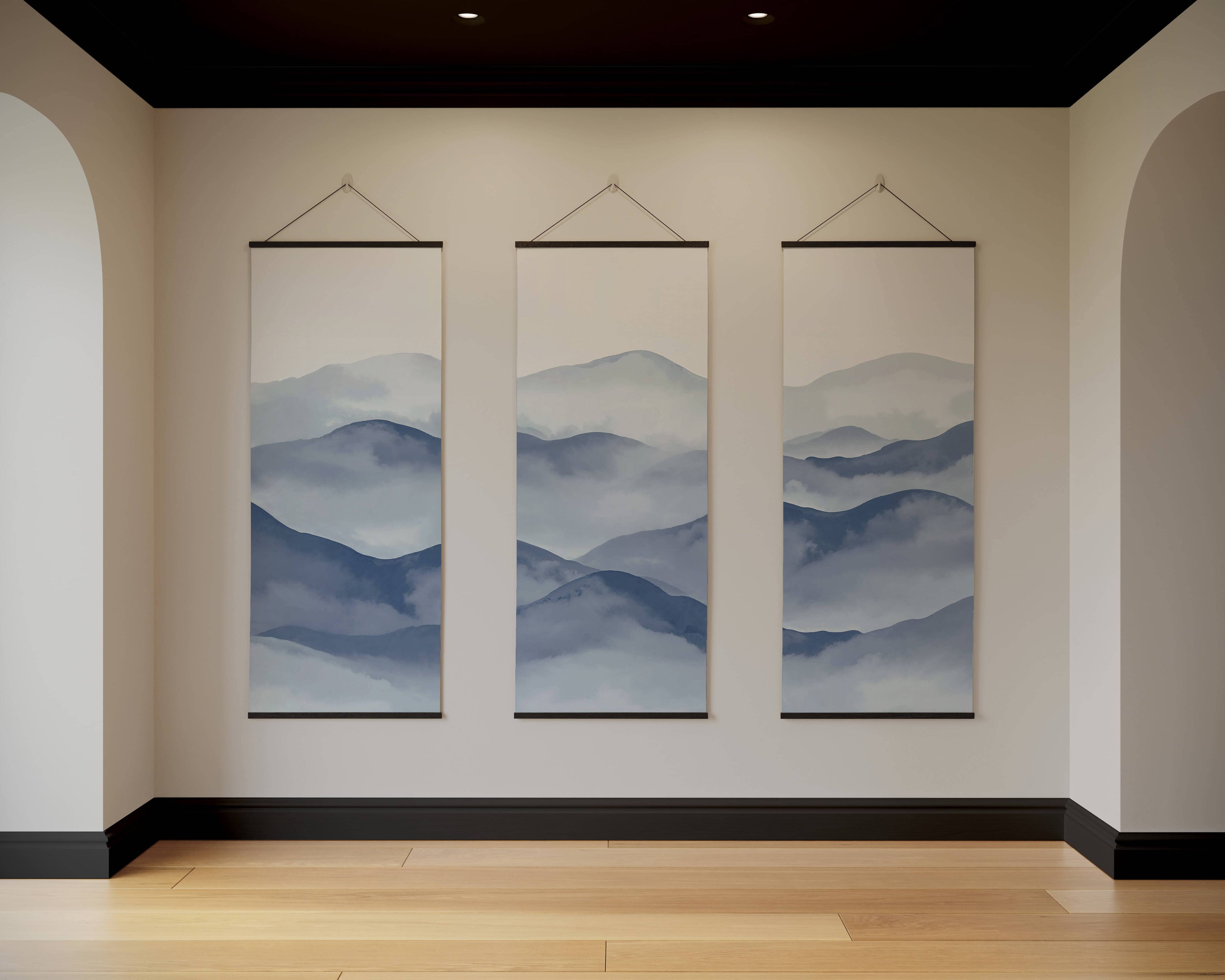 Tapestry Blue / Black / Set of 3 Painted Mountain Tapestry