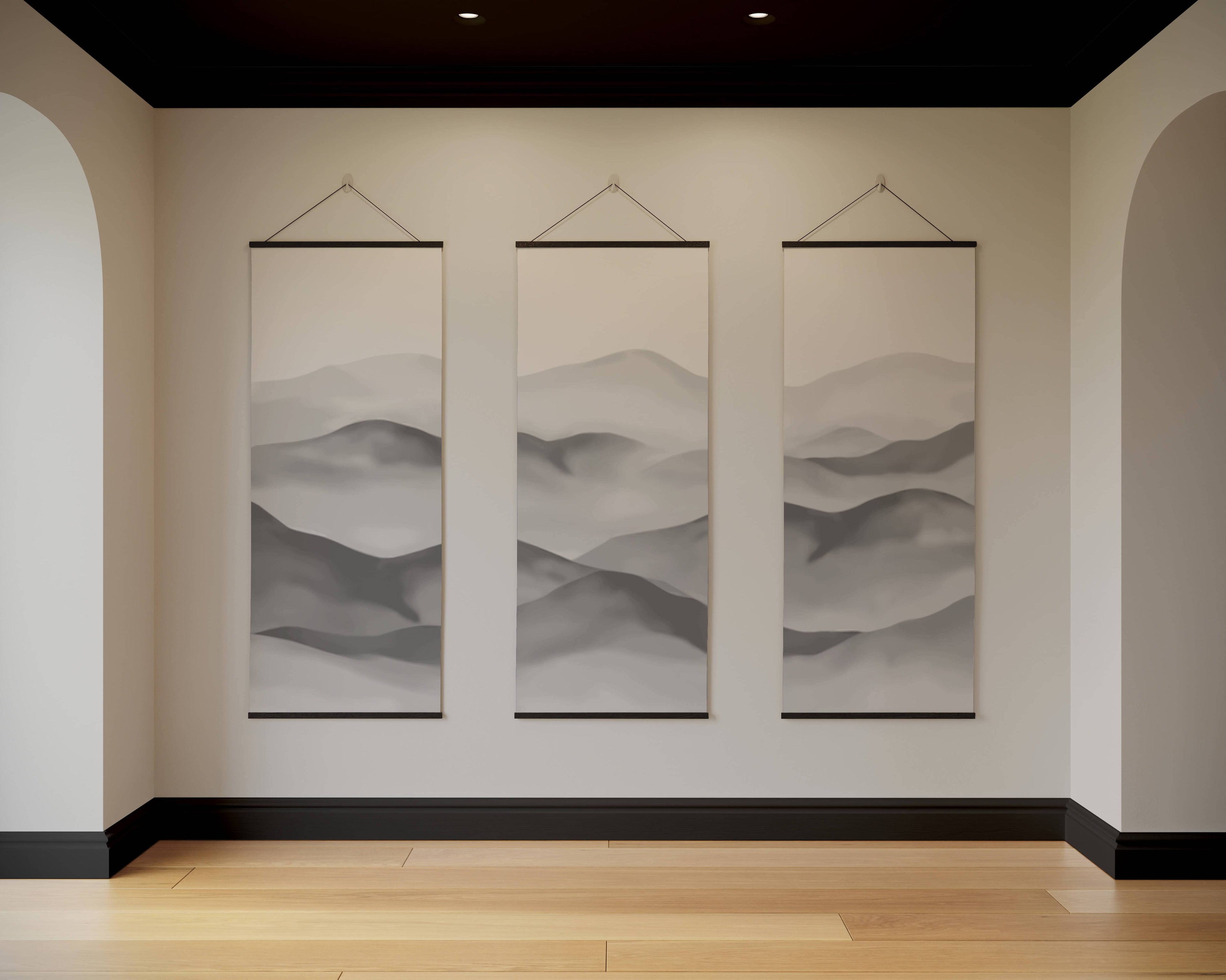Tapestry Gray / Black / Set of 3 Painted Mountain Tapestry