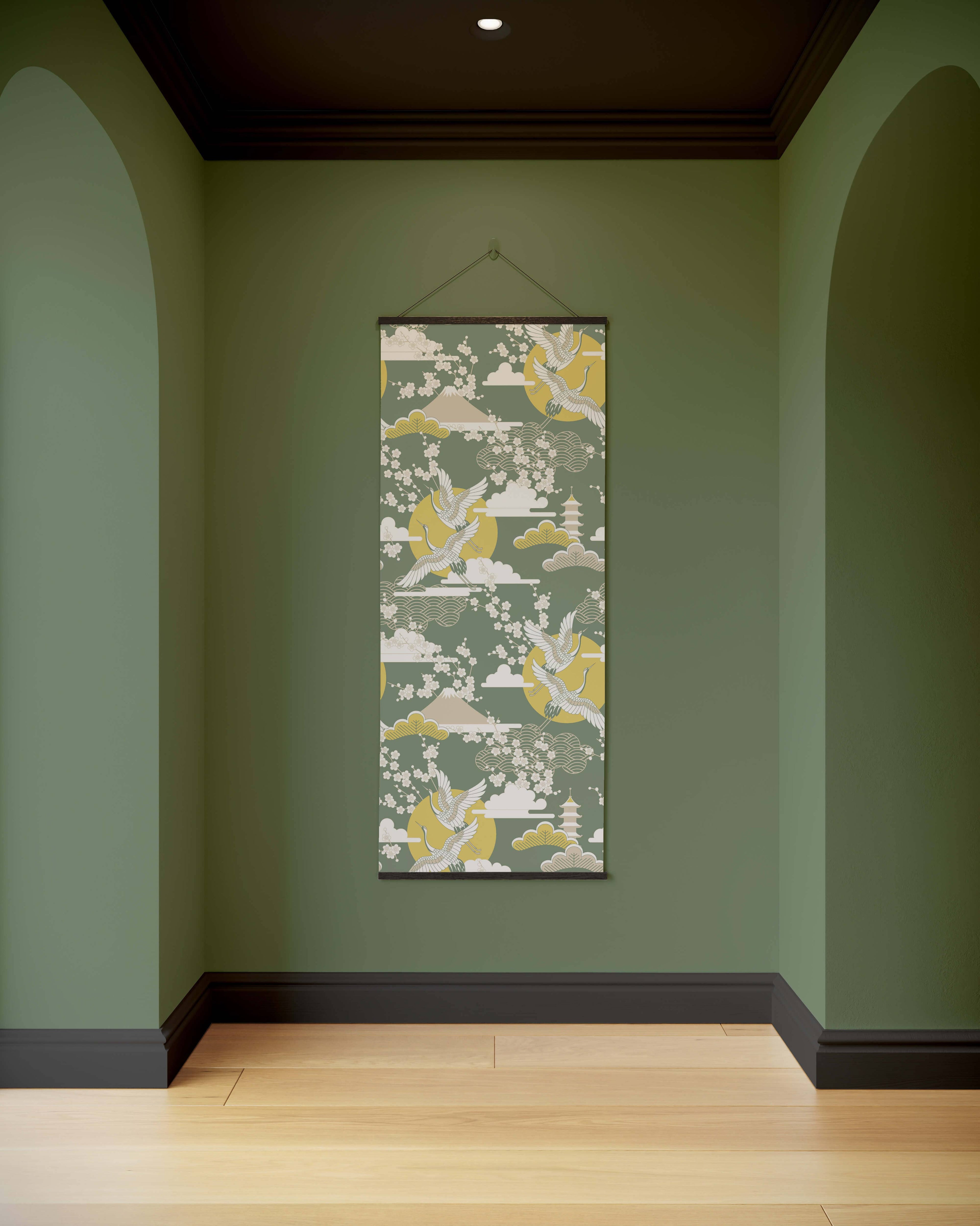 Tapestry Green / Black Crane and Cherry Blossom Tapestry