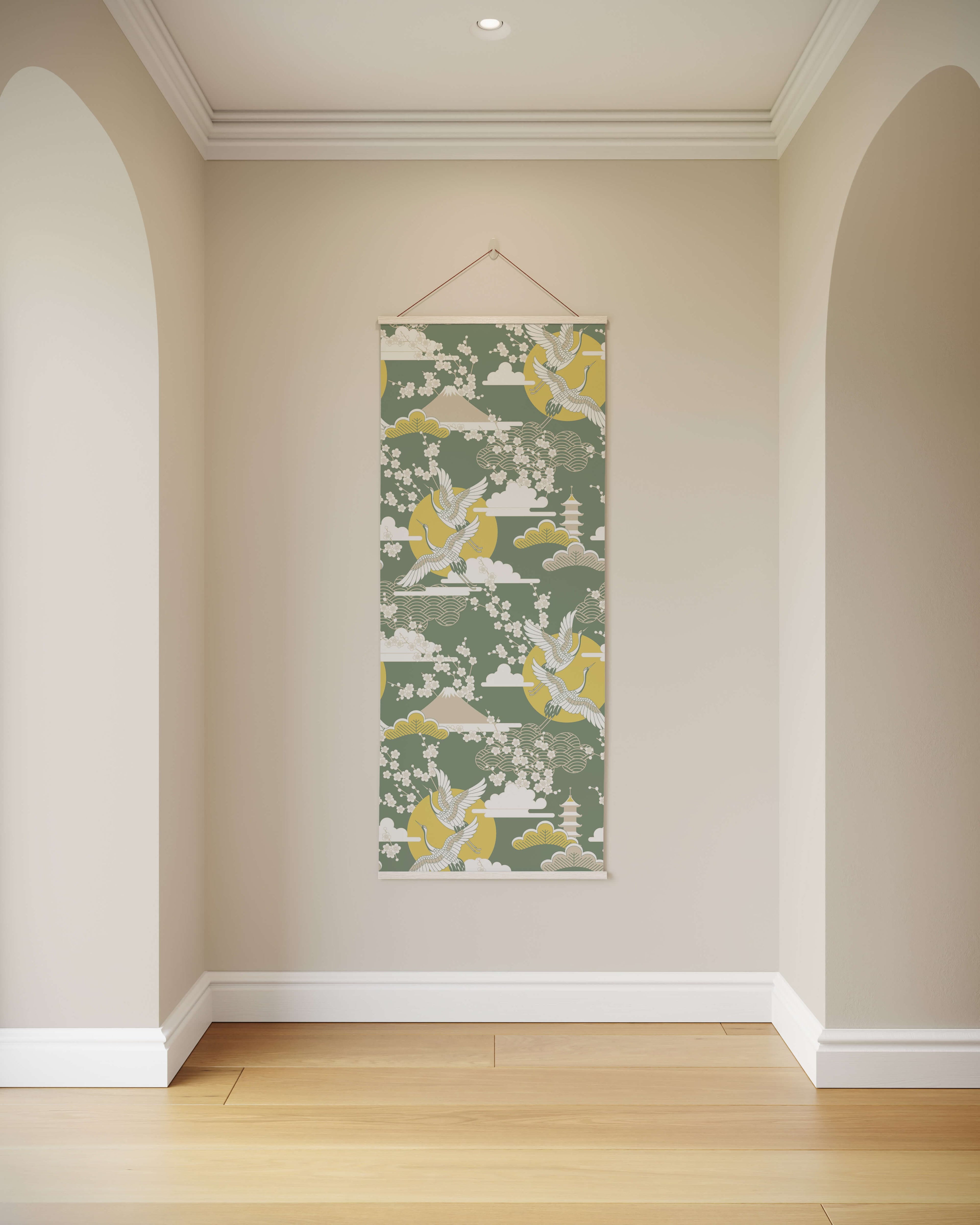 Tapestry Green / Natural Crane and Cherry Blossom Tapestry