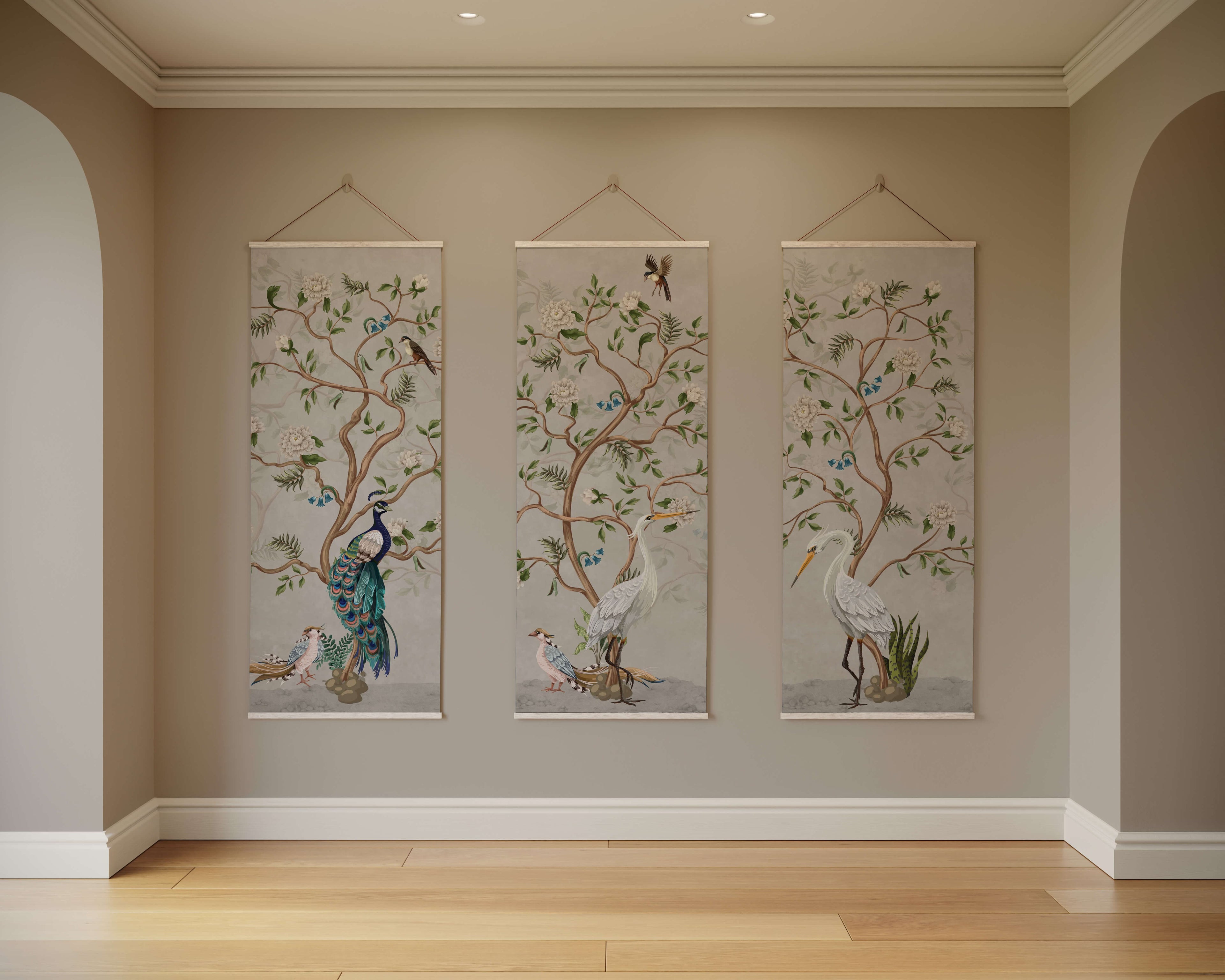 Tapestry Natural / Set of 3 Chinoiserie Bird Tapestry