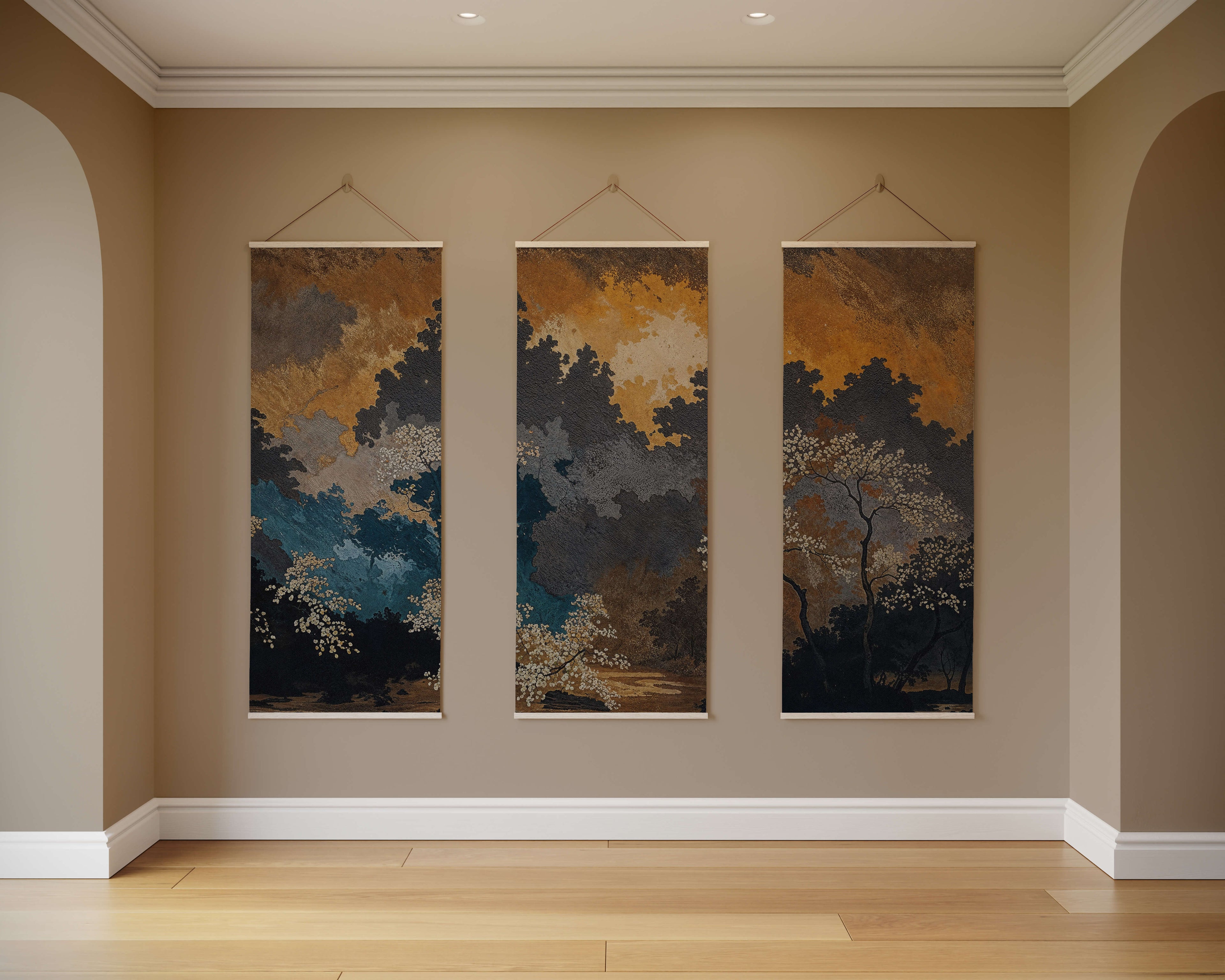 Tapestry Natural / Set of 3 Dark Oriental Forest Tapestry