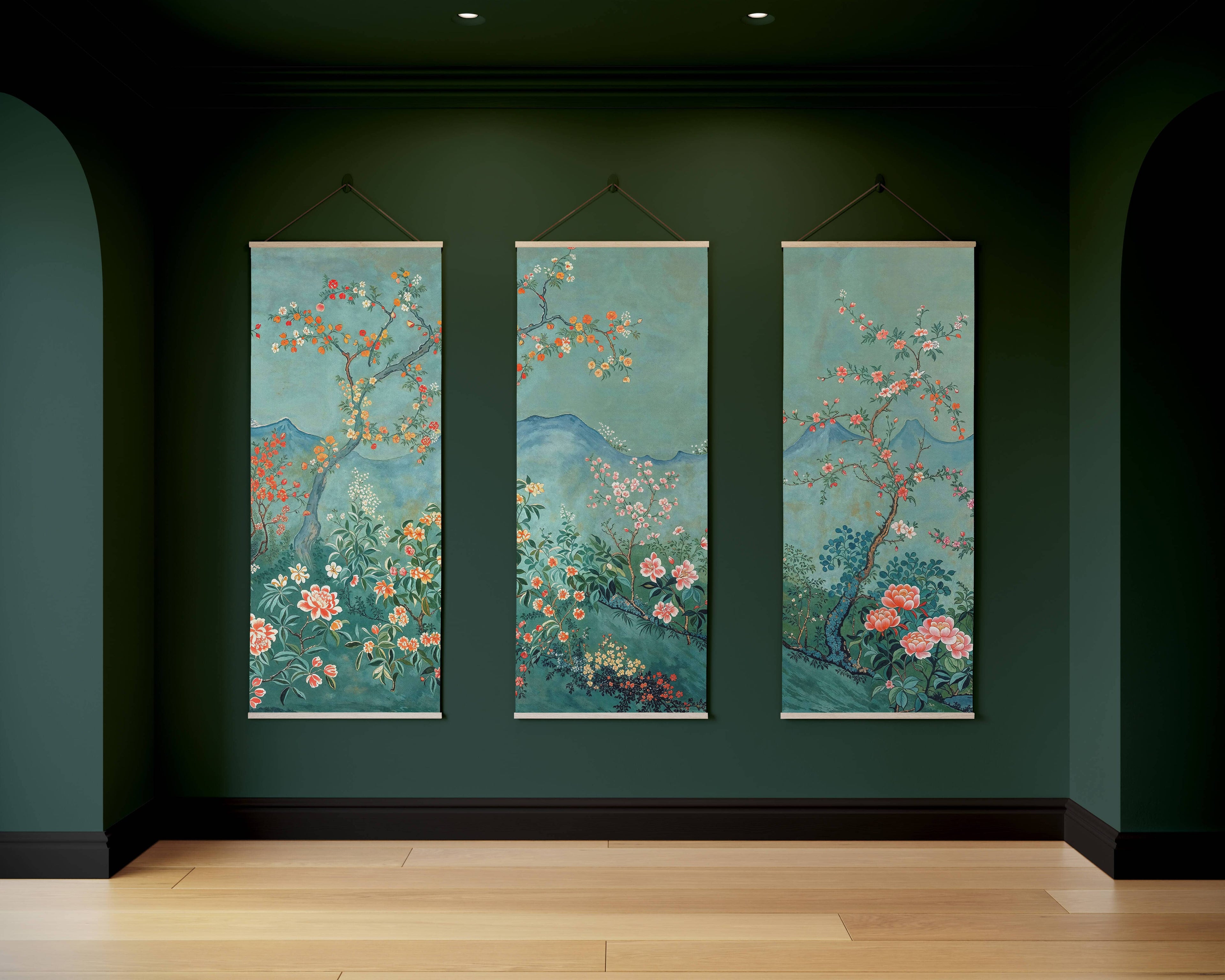 Tapestry Natural / Set of 3 Teal Chinoiserie Tapestry