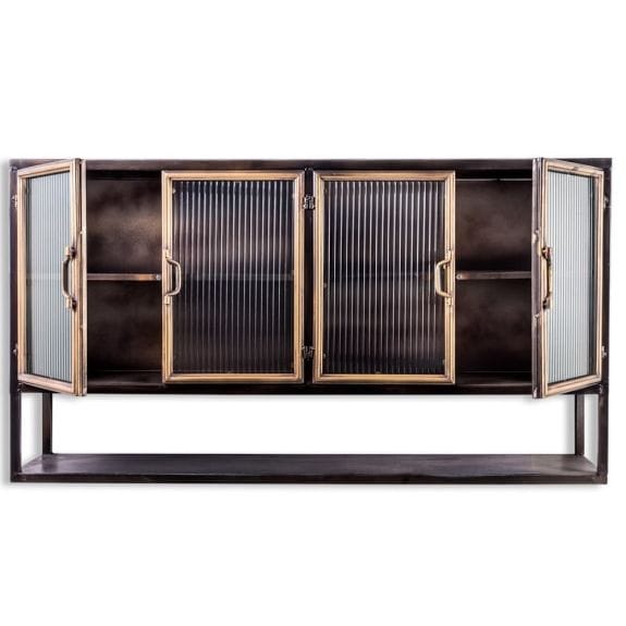 Wall Cabinet Black and Antique Gold "Orwell" Wide Metal Wall Cabinet with Shelf