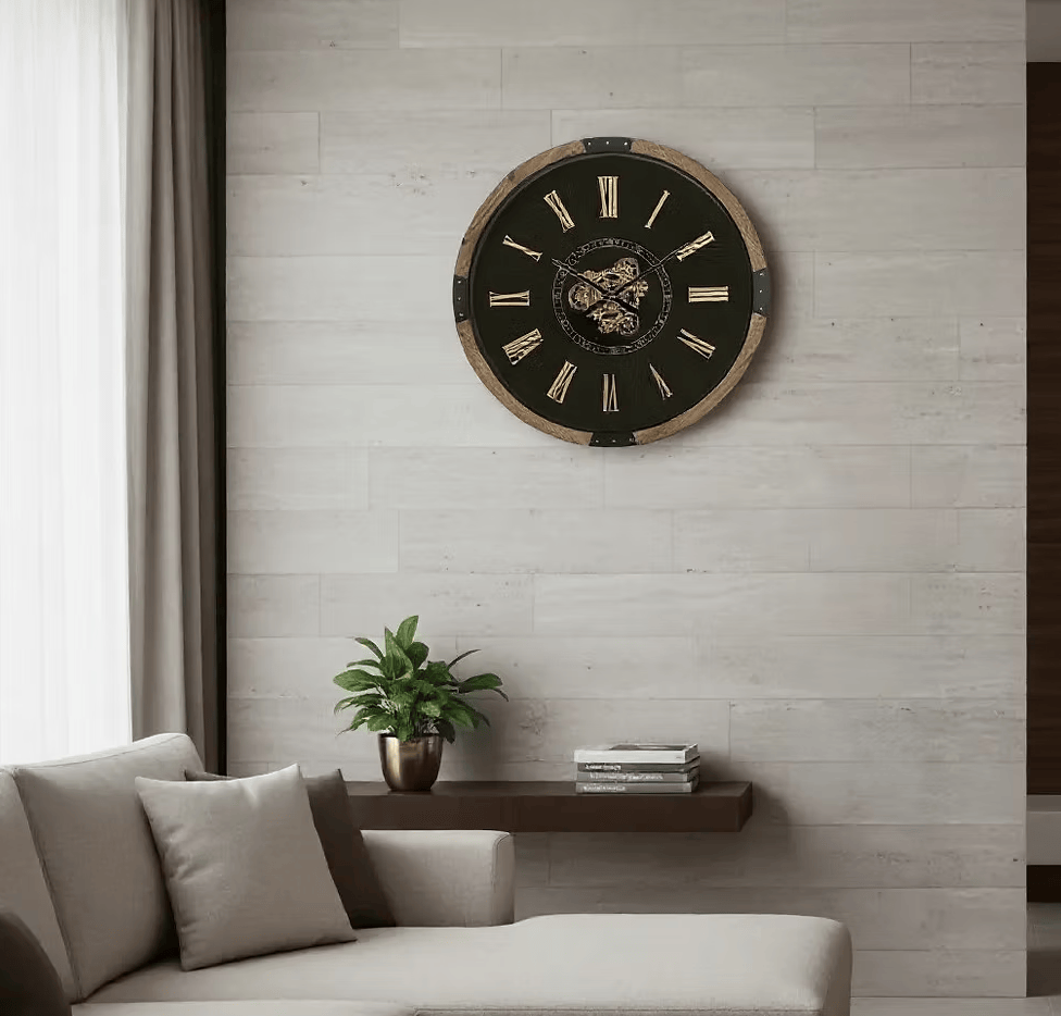 Wall Clock Walnut & Black Exposed Gear Wall Clock – 64cm