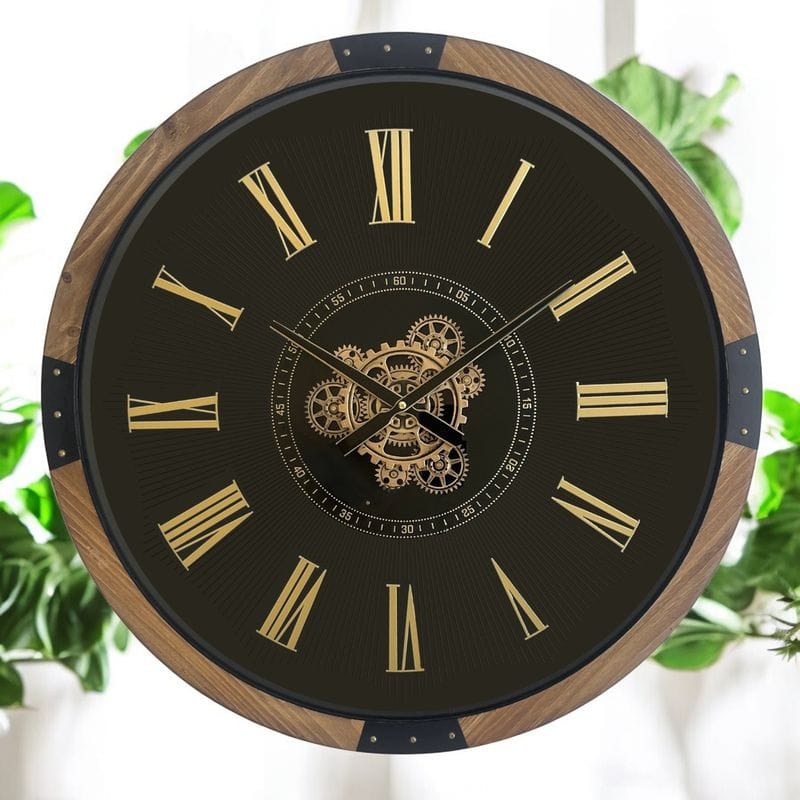 Wall Clock Walnut & Black Exposed Gear Wall Clock – 64cm