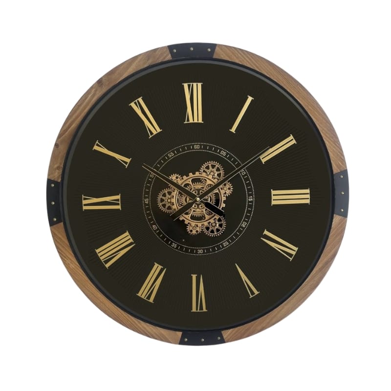 Wall Clock Walnut & Black Exposed Gear Wall Clock – 64cm