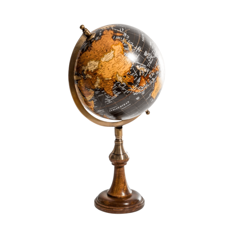 Wood Stand Antique Black Globe on Brass & Wood Stand