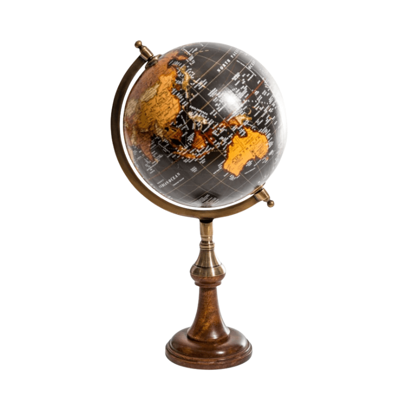Wood Stand Antique Black Globe on Brass & Wood Stand